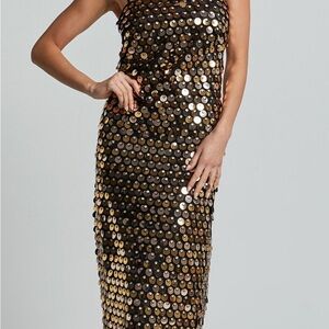 Showpo - AMARIE MIDI DRESS - CIRCLE SEQUIN DRESS IN GOLD - Large / Size 12